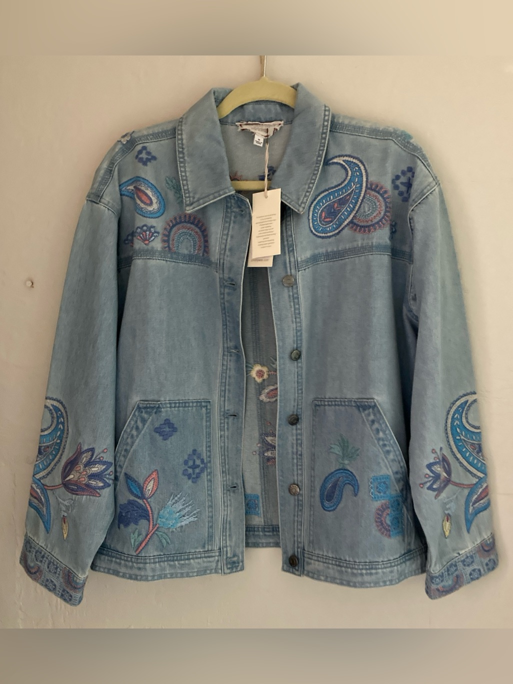Johnny Was Workshop Denim Jacket Embroidered Floral Boho Crop Size M
